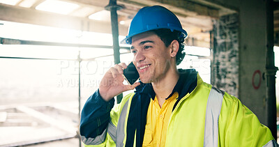 Buy stock photo Phone call, engineer and smile with man on construction site for building inspection, contact and feedback. Renovation update, communication and architect project with person for expansion and chat