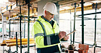 Man, inspection and writing on construction site with clipboard, quantity surveyor and verify invoice. Cost manager, mature person and building infrastructure with checklist, notes or review expenses