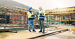 Manager, team and handshake on construction site with tablet, building outdoor and quality assurance. Supervisor, people and shaking hands with tech for infrastructure, engineering approval and PPE.