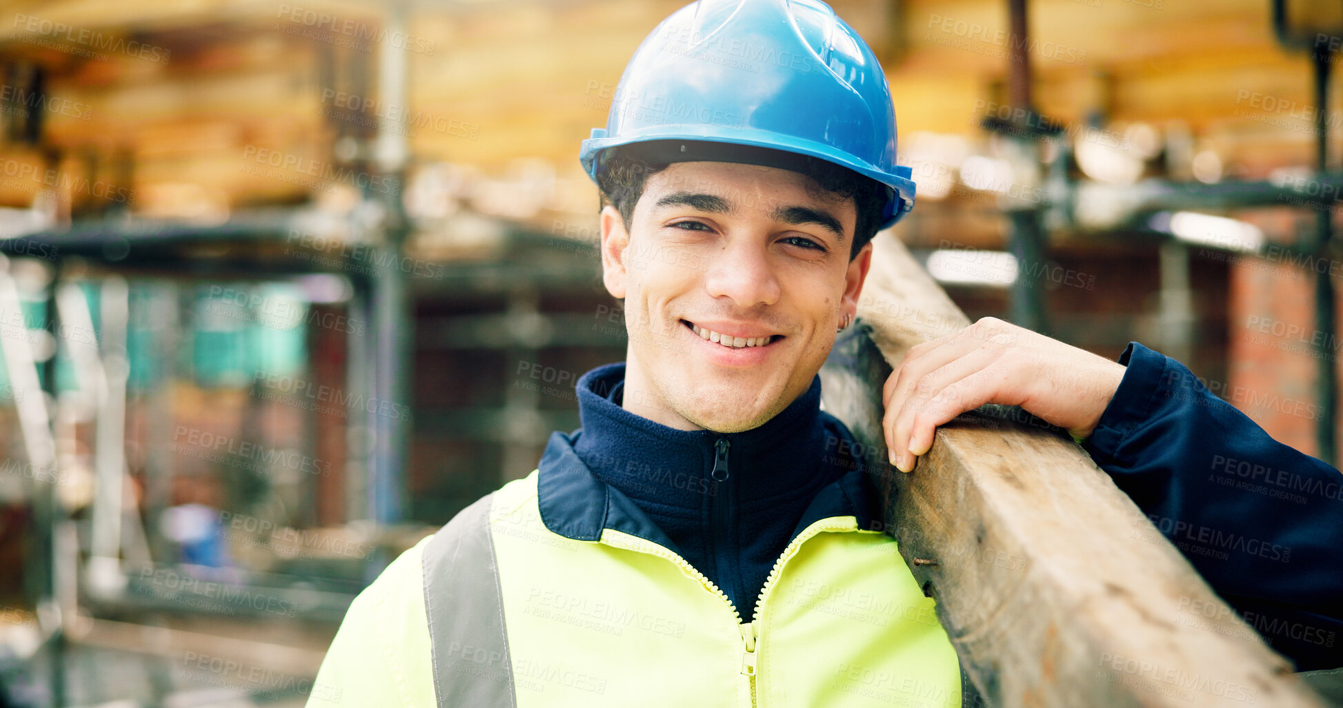 Buy stock photo Smile, man and portrait of construction worker on site with confidence for building, renovation or repairs. Happy, about us and civil engineer with pride for property development or maintenance