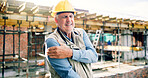 Construction, injury and mature man with shoulder pain, accident and workplace risk on site. Contractor, engineering and person with joint ache, strain and hurt for tension, fibromyalgia and stress