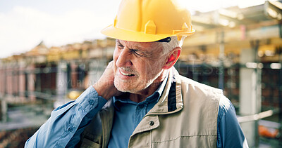 Buy stock photo Neck pain, injury and mature man on construction site with accident, muscle fatigue and tension. Contractor, engineer and person with strain, fibromyalgia and pressure for overworked, stress and hurt