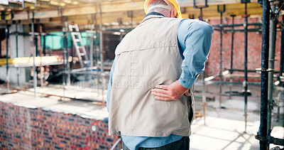Buy stock photo Back pain, injury and man on construction site with stress, muscle fatigue and tension outdoor. Contractor, engineer and person with strain, fibromyalgia and hurt for overworked, pressure and crisis