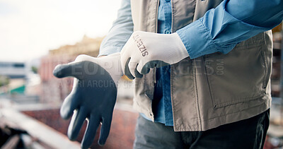 Buy stock photo Hands, gloves and worker on construction site for labor, architecture and PPE with preparing for renovation. Person, protective gear and ready for remodeling project, compliance and safety on the job