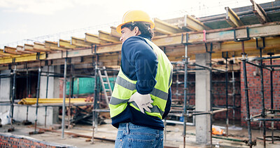 Buy stock photo Back pain, stress and man on construction site with injury, muscle fatigue and tension. Contractor, engineer and person with sprain, fibromyalgia and pressure for burnout, posture strain and accident