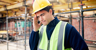 Buy stock photo Headache, stress and construction worker on site with fatigue, burnout or mistake on building infrastructure. Migraine, man and civil engineer with error on renovation, repairs or maintenance.
