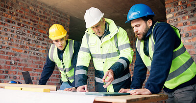 Buy stock photo Architecture, team and meeting on construction site with blueprint, property development or discussion. Architect, men and manager in building with design document, plan or advice for infrastructure.