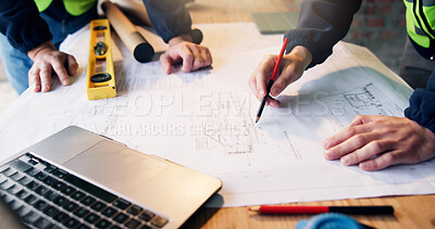 Buy stock photo Hands, planning and blueprint for architecture with contractor team, building project or progress of renovation. People, tools and paperwork with floorplan in meeting, design strategy and engineering