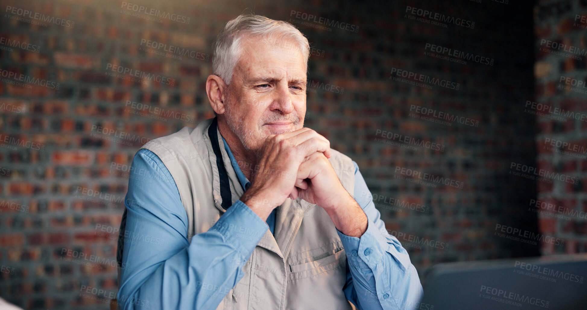 Buy stock photo Man, architect and laptop at construction site with smile, reading building requirement and online. Mature engineer, tech and network at worksite for project management, insight or happy for progress