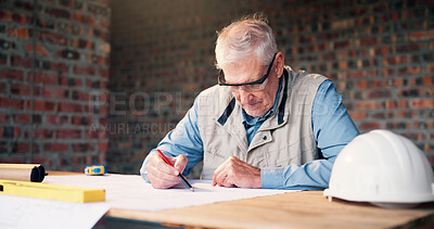 Buy stock photo Man, architect or blueprint at construction site for drawing, design update and planning renovation. Mature engineer, floorplan or paper at worksite for project management, insight or progress review