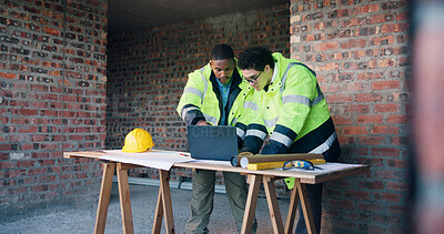 Buy stock photo Team, laptop and engineers at construction site for development, safety compliance or architecture. Planning, computer and men with discussion for building design, quality assurance or protocol