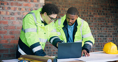 Buy stock photo Team, laptop and architect at construction site for planning, safety compliance or project review. Discussion, computer and men with development for building design, quality assurance or evaluation
