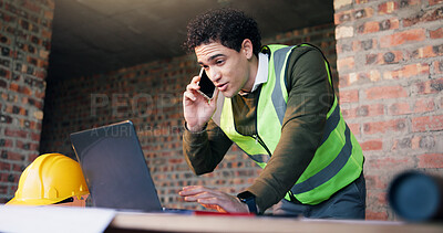 Buy stock photo Phone call, laptop and man as architect with planning, research or strategy at construction site. Person, technology and engineer online for CAD, internet and productivity for civil engineering