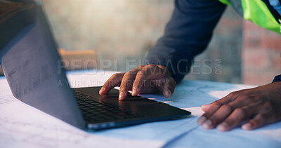 Buy stock photo Hands, laptop and person scroll for architect planning, research or strategy at construction site. Man, technology and engineer online for CAD, internet and productivity for civil engineering