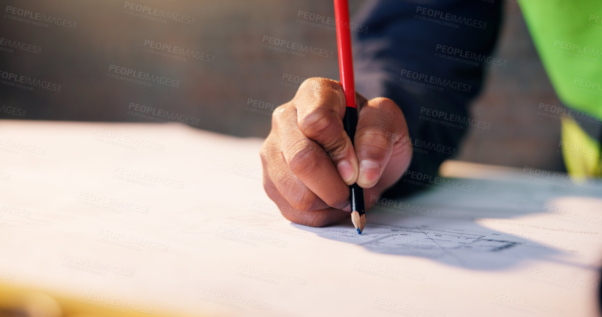 Buy stock photo Hands, engineer and drawing at site with blueprint, illustration and structure for architecture. Person, writing or document with layout for construction, floor plan and building design for expansion