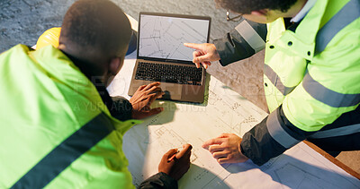 Buy stock photo Construction, blueprint or men on site with laptop, project discussion or insight on building layout. Above, review or architects with tech, industrial sheet feedback or teamwork on operation report.