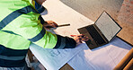 Architect, hands and blueprint on laptop screen in building, sketch or plan for property development. Design, above and person with documents for project, online and civil engineering with technology
