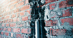 Concrete, construction or bars in brick wall for strength, reinforcement or industrial architecture. Empty, space and iron with cement beam for durable building, masonry or structure industry on site