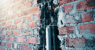 Buy stock photo Concrete, construction or bars in brick wall for strength, reinforcement or industrial architecture. Empty, space and iron with cement beam for durable building, masonry or structure industry on site