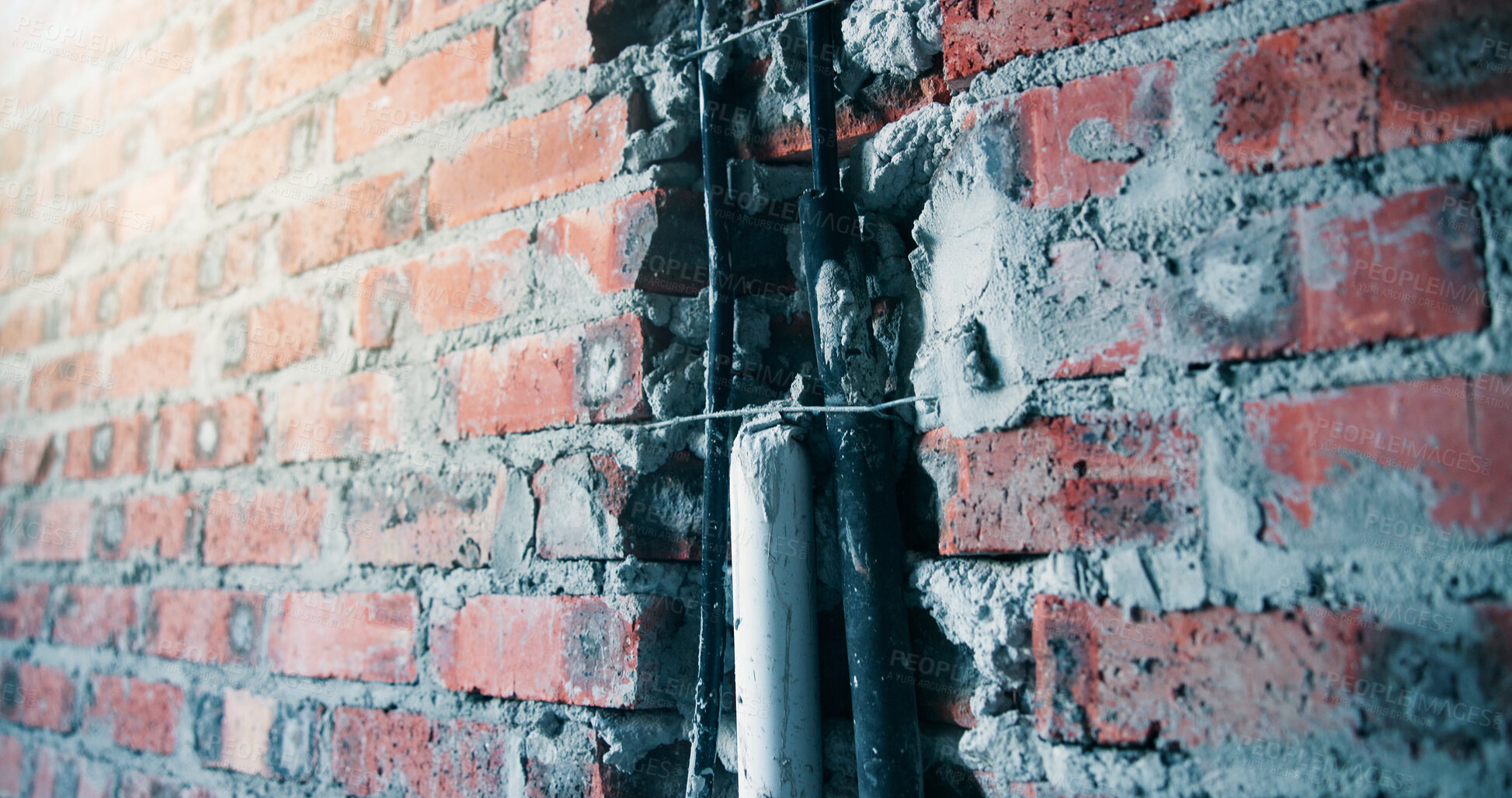 Buy stock photo Concrete, construction or bars in brick wall for strength, reinforcement or industrial architecture. Empty, space and iron with cement beam for durable building, masonry or structure industry on site