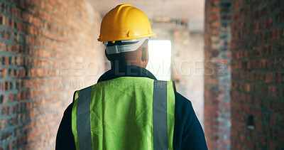 Buy stock photo Back, person and construction worker at site for development, safety compliance or architecture. Contractor, helmet and man in building for quality assurance, masonry inspection and engineering
