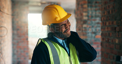 Buy stock photo Building, fatigue and neck pain with black man on worksite for industry or property development. Architecture, engineering and injury with construction worker in hardhat for project management
