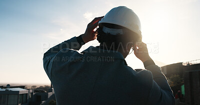 Buy stock photo Outdoor, hardhat and back of construction worker on site in city with thinking, ideas or planning renovation. Man, project and civil engineer with decision on maintenance, building or repairs in town