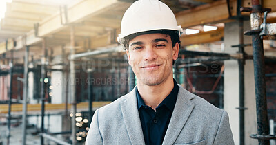Buy stock photo Happy, man and portrait of construction worker by infrastructure on site for building foundation. Smile, scaffolding and civil engineer with pride for about us with renovation, repairs or maintenance
