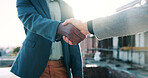 Architect, meeting and shaking hands on construction site, deal or teamwork for property development. People, handshake and collaboration with real estate investor, agreement and project management