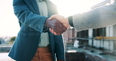 Buy stock photo Architect, meeting and shaking hands on construction site, deal or teamwork for property development. People, handshake and collaboration with real estate investor, agreement and project management