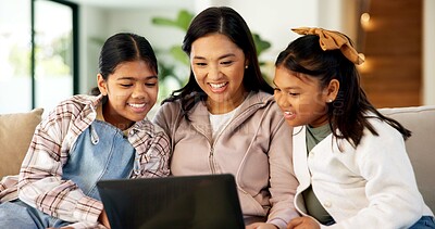 Buy stock photo Laptop, mother and children in home for bonding, smile or streaming movie with Asian family. Computer, happy girls and parent on sofa to watch film together on weekend, show or cartoon with sisters
