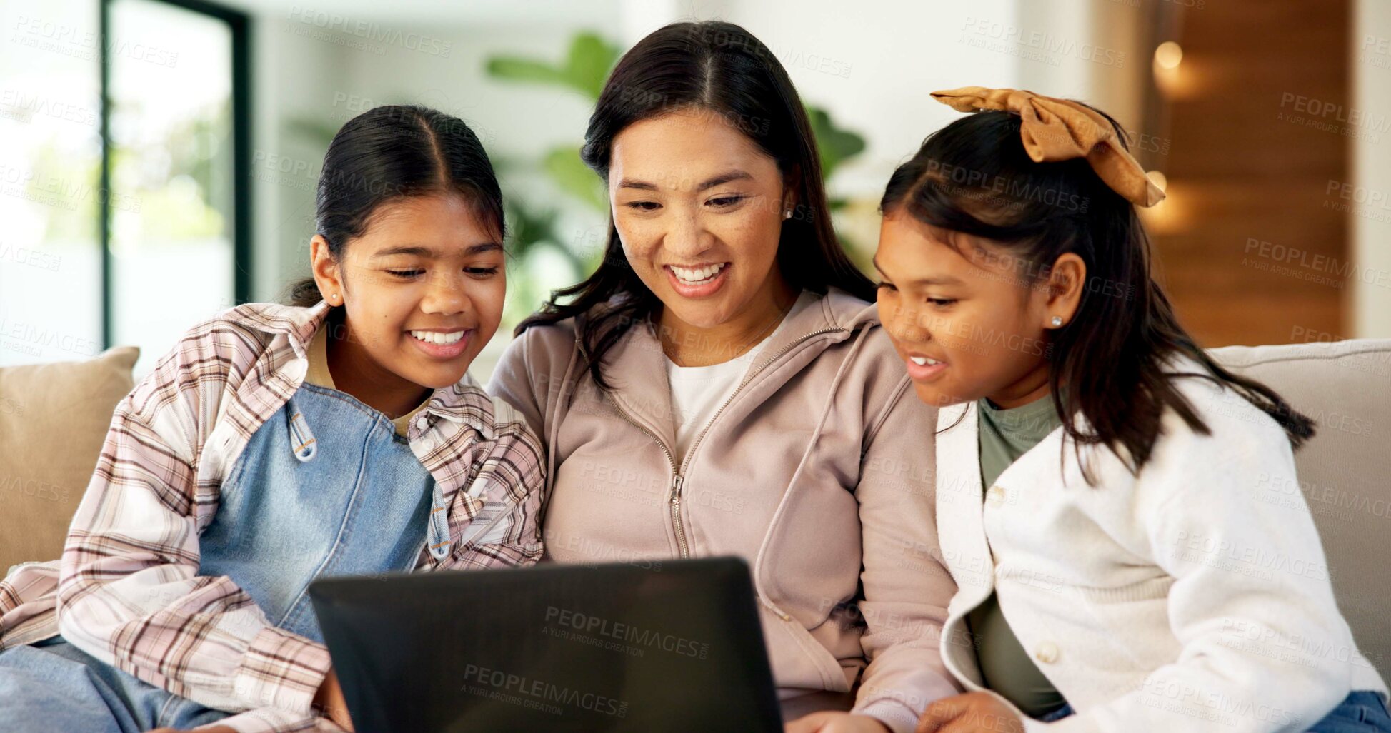 Buy stock photo Laptop, mother and children in home for bonding, smile or streaming movie with Asian family. Computer, happy girls and parent on sofa to watch film together on weekend, show or cartoon with sisters