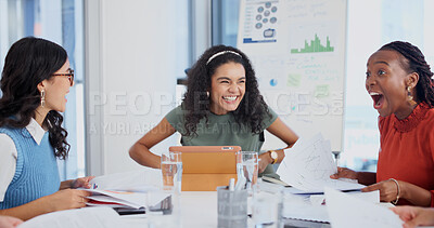 Buy stock photo Excited, success and women in office meeting with document, financial profit charts or team achievement. Happy people, paperwork data or celebration for capital funding, tablet or wow for IPO target