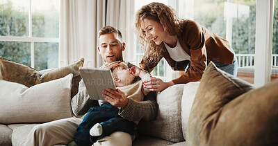 Buy stock photo Happy, parents and toddler at house with tablet, social media and watching cartoon for bonding. Smile, people and child interaction in home with tech, streaming video and browsing for nursery rhymes 