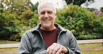 Wellness, portrait or senior man in park with smile, fresh air or positive attitude on weekend break. Wellbeing, happy or elderly person with confidence, outdoor unwind or good mood in retirement.