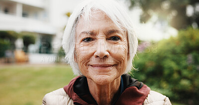 Buy stock photo Wellness, portrait or senior woman in backyard with smile, fresh air or positive attitude on weekend break. Wellbeing, happy or old person with confidence, outdoor unwind or good mood in retirement.