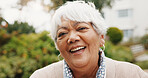 Wellness, portrait or elderly woman in backyard with smile, fresh air or positive attitude on weekend break. Wellbeing, happy or old person with confidence, outdoor unwind or good mood in retirement.