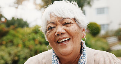 Buy stock photo Wellness, portrait or elderly woman in backyard with smile, fresh air or positive attitude on weekend break. Wellbeing, happy or old person with confidence, outdoor unwind or good mood in retirement.