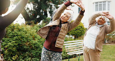 Buy stock photo Stretch, instructor or old people in backyard with fitness class, wellness session or support in workout. Active, friends or senior women with coach, exercise together or elderly hobby in retirement.
