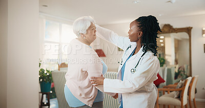 Buy stock photo Doctor, checkup and old woman in house for healthcare recovery, rehabilitation and wellness support. Retirement, medical worker or patient assessment with person, assistance or help at homecare visit