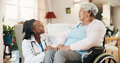 Buy stock photo Conversation, nurse and old woman with disability in wheelchair for checkup or healthcare. Assisted living, smile and support with caregiver speaking to senior patient in home for rehabilitation