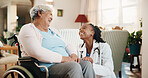 Laughing, nurse and old woman with disability in wheelchair for checkup or healthcare. Assisted living, funny and support with caregiver speaking to senior patient in home for rehabilitation
