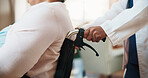 Doctor, hands and push patient with wheelchair, medical assistance and stroke rehabilitation in home. Healthcare worker, help and woman with disability, occupational therapy and healing from injury.