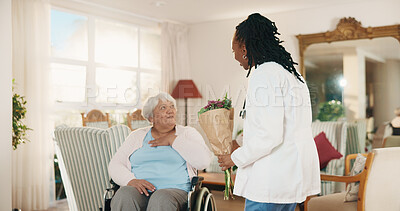 Buy stock photo Doctor, flowers and senior woman in wheelchair with gratitude, healthcare support or rehabilitation. Bouquet, medical worker and person with disability, present and homecare visit in retirement