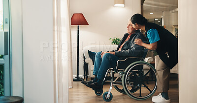 Buy stock photo House, caregiver and old man in wheelchair with smile, kindness or physiotherapy for medical advice. Happy, woman or senior person with disability, assisted living and elderly care for rehabilitation
