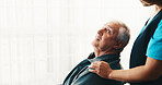 Hands, caregiver and old man at house with smile, gratitude and kindness for medical advice. Happy, nurse and appreciation in lounge with senior person, assisted living and elderly care for wellness