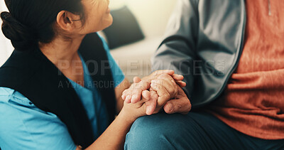 Buy stock photo Holding hands, caregiver and old person at house with smile, support and checkup for medical advice. Happy, woman or nurse in lounge with senior patient, assisted living and elderly care for wellness