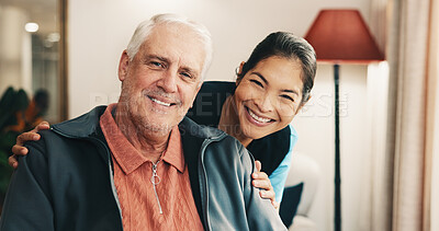Buy stock photo Portrait, caregiver and old man at house for checkup, assistance and geriatric for medical advice. Happy, nurse and pride in lounge with senior person, assisted living and patient care for healthcare