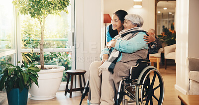 Buy stock photo House, caregiver and old woman in wheelchair with smile, vision and physio for medical service. Thinking, nurse and senior person with disability, assisted living and elderly care for rehabilitation