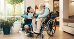 High five, nurse and tablet with old woman in wheelchair for advice, checkup or success. App, laughing and medical professional talking to senior patient with disability in home for rehabilitation